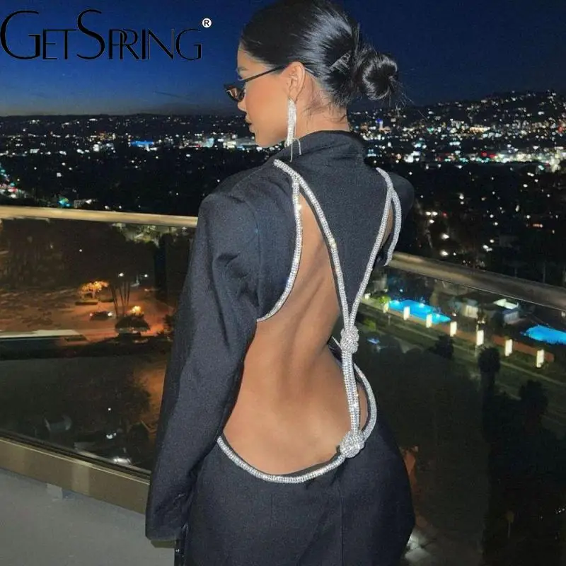

GetSpring Women Dress 2022 Autumn Temperament Backless Diamond Single Button Wrap Hip Sexy Mini Black Blazer Dresses Fashion New
