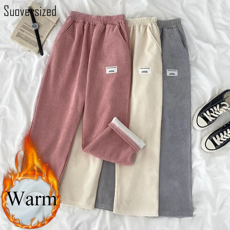 

Corduroy Ankle-Length Winter Wide Leg Pants Solid Casual High Waist Baggy Korean Sweet Straight Pantalones Women Chic Trouser