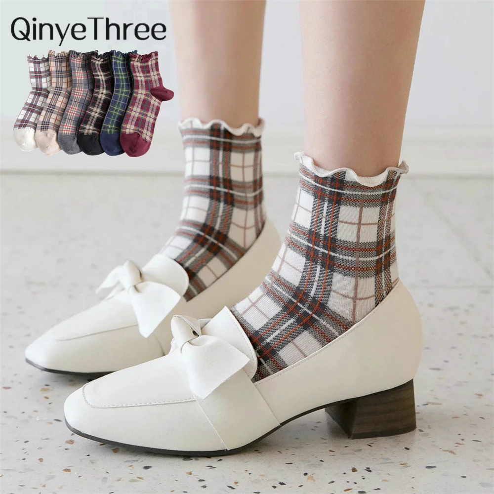 

Retro British Plaid Fungus Shape Cotton Piled Tube Socks Japanese Lady Style Art Fresh Literary College Fashion Lattice Sock