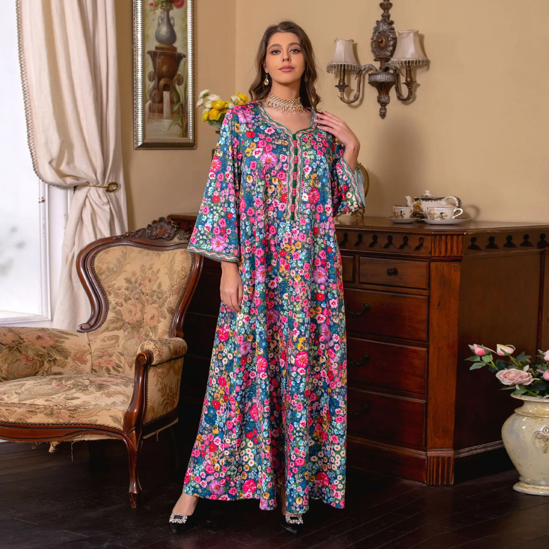 Ab272 Middle East Women's Clothing Arab Dubai Muslim Robe Abaya Printed Dress for Women Summer Robe Femme Musulmane