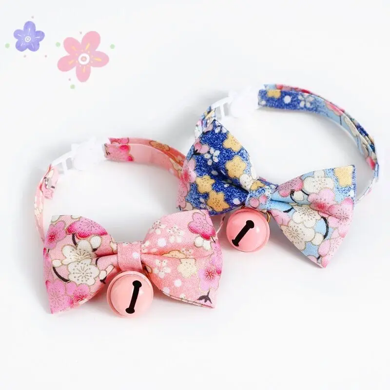 

Cats Collar with Bell Cherry Blossoms Pattern Kitten Necklace Safe Breakaway Clasp Pets Chihuahua Rabbits Collars