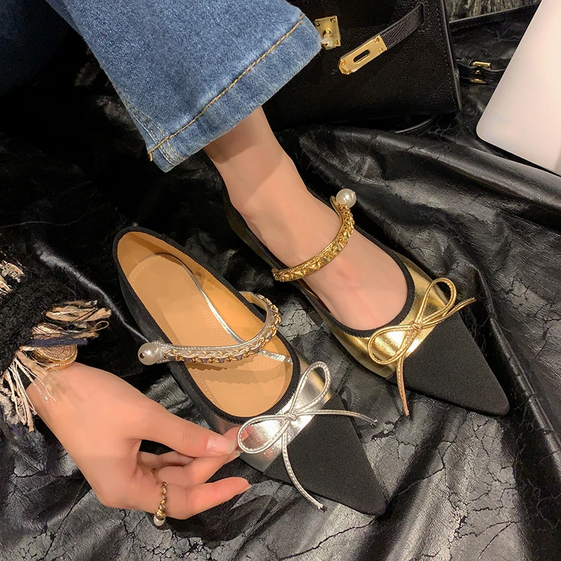 

2023 new spring women pumps natural leather 22-24.5cm length cowhide+sheepskin pointed toe Metal chain bow Mary Jane shoes