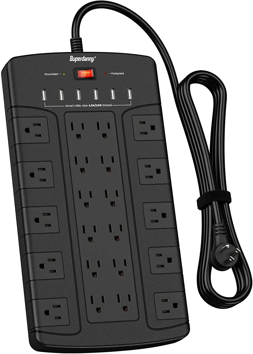 

22-Outlet 6 USB Surge Protector Power Strip Ports 6.5 ft Extension Cord Black