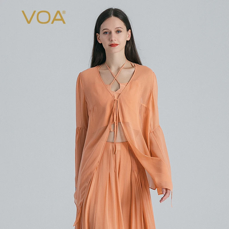 

(Fans Exclusive Discount) VOA Orange Georgette Silk Flare Long Sleeve V-Neck Asymmetrical Sunscreen Cardigan Thin Coat WE213