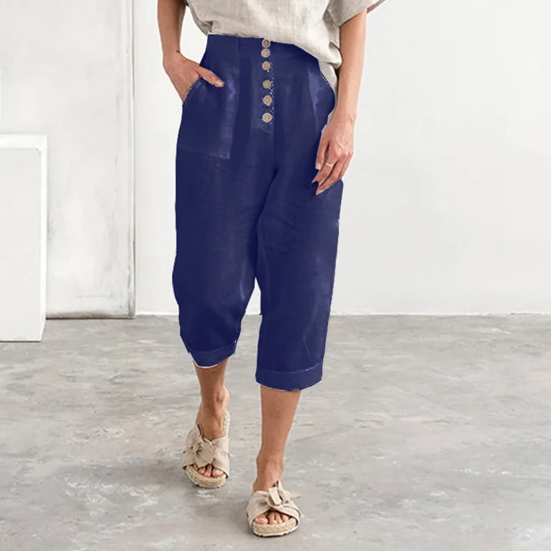 Fashion Women Cotton Linen Pants Summer Ladies High Waisted Button Harem Pants Vintage Solid Casual Wide Leg Trousers