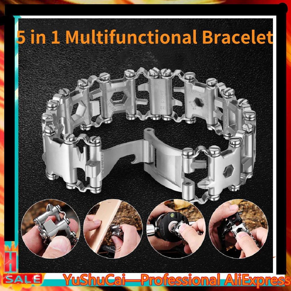 

Multifunction Outdoor Tool Bracelet Screwdriver, Can Opener, Bottle Opener, Allen Wrench 5 In1 Stainless Steel Bracelet Wearable