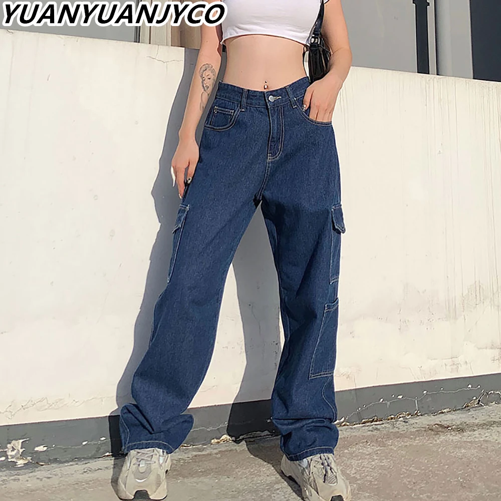 

YUANYUANJYCO Streetwear Pockets Baggy Stacked Jeans Women Fashion Spring Autumn Long Denim Cargo Pants Woman Clothing