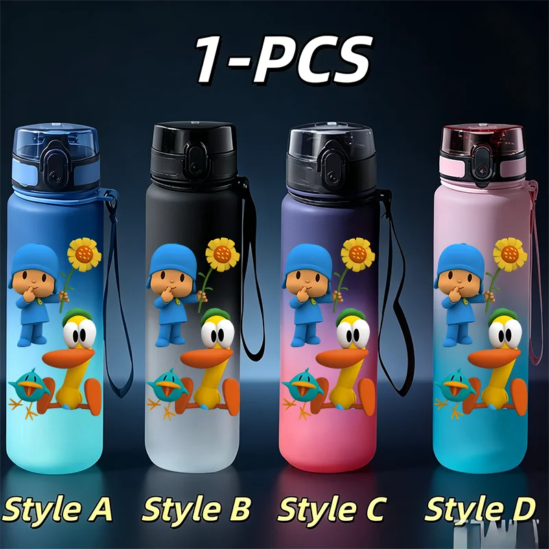 Фото Милая детская бутылка для воды Pocoyo с мультяшным дизайном, 650 мл, без BPA, герметичная, с откидной крышкой, градиентная матовая спортивная кружка с ремешком №5