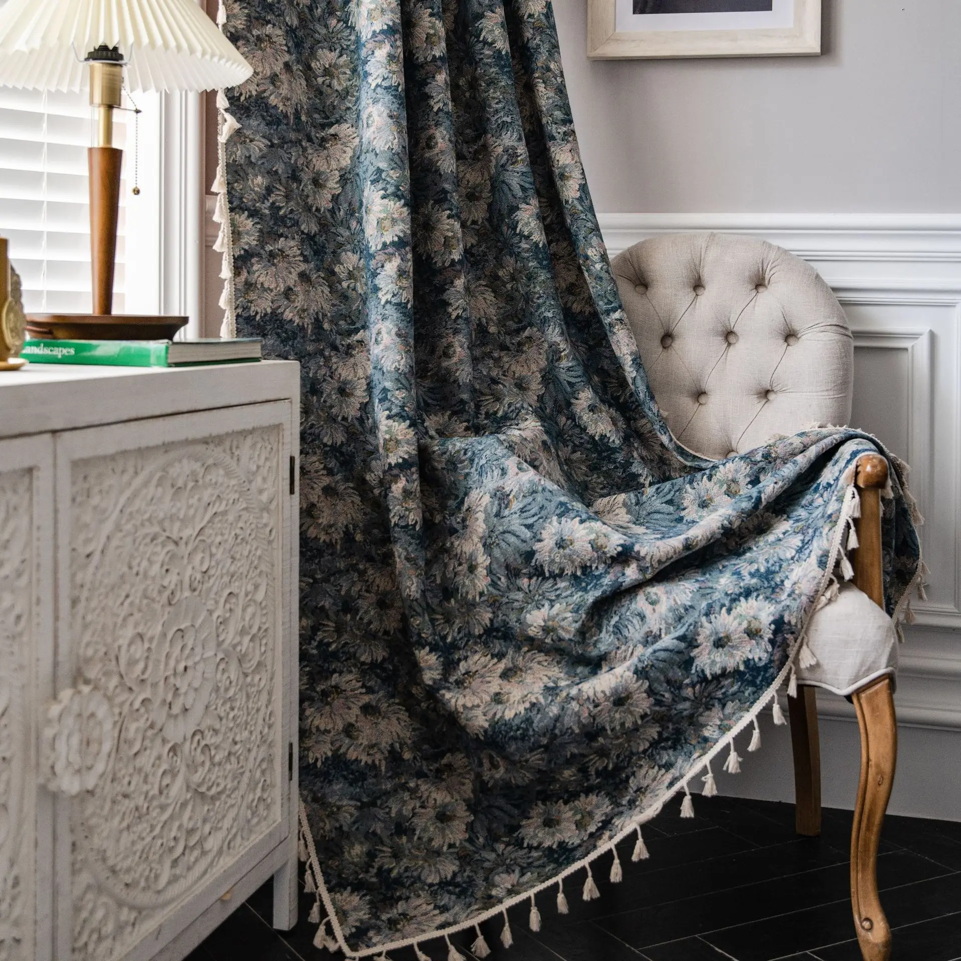 

Half Blackout Curtains American Country Curtins for Bedroom Living Room Tassel Drapes Blue Floral Painting Window Curtain