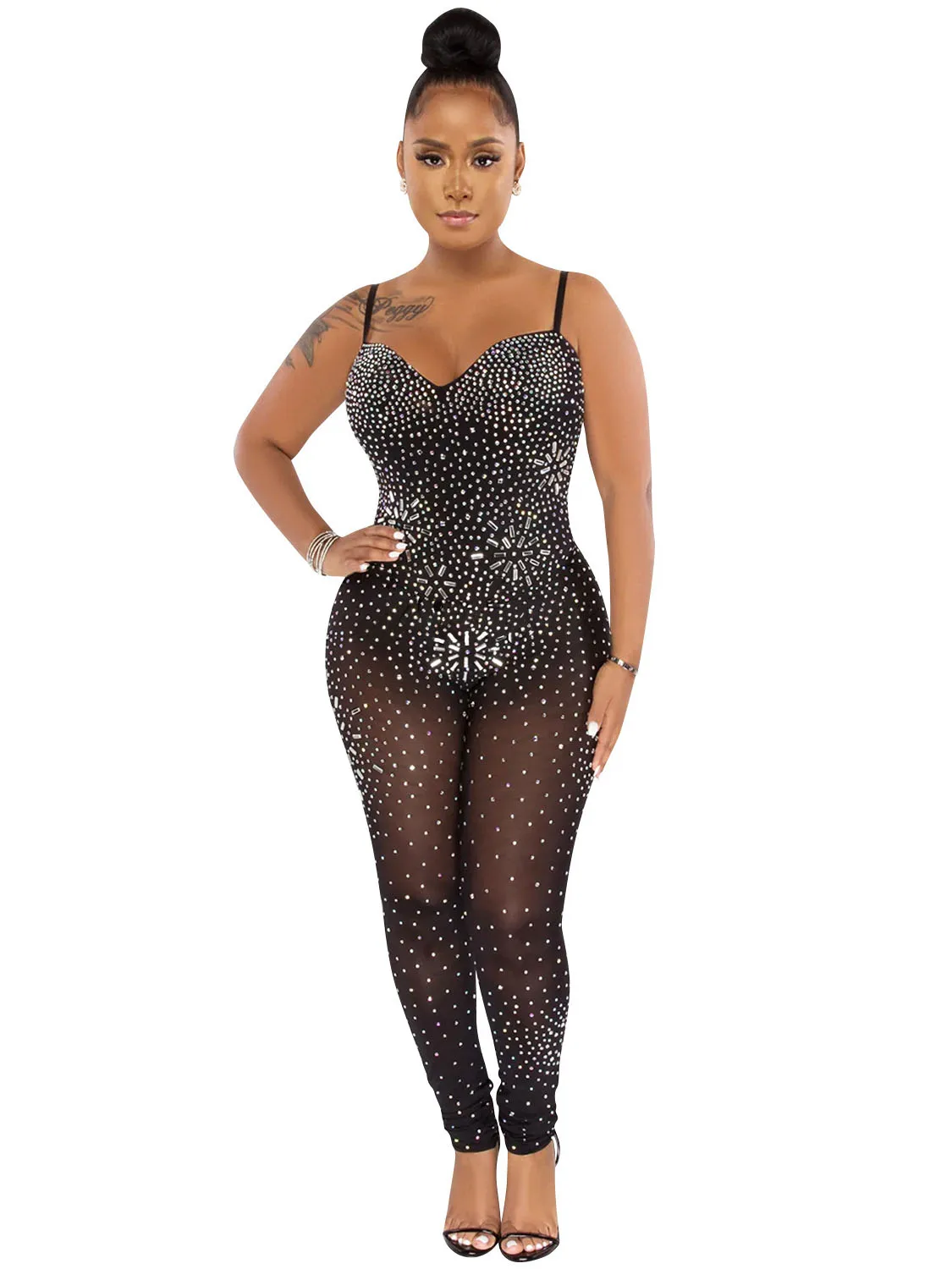 

Szkzk sexy Mesh Sheer Jumpsuits female spaghetti strips sleeveless hot drill See Through high waist tight fitted party Rompers