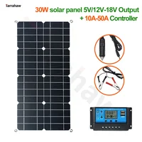 30W Solar Panel 2 USB Car RV Lamp 12V Battery Charging Photovoltaic Plate with 50A Controller Outdoor PV Cell Power Bank