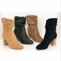 chunky heels mid boots suede hint short boots solid color winter random keep warm fashion bare boots single shoes the new