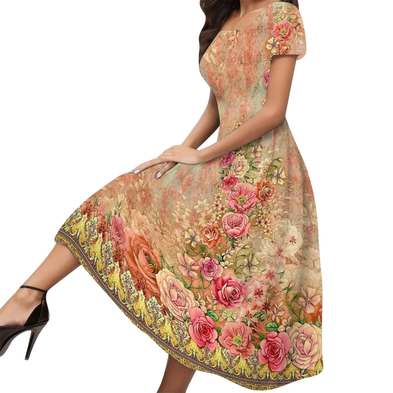 

Women Summer Floral Printed Crew Neck Loose Dress Casual Short Sleeve Boho Beach Long Sundress Fancy Dresses for Women