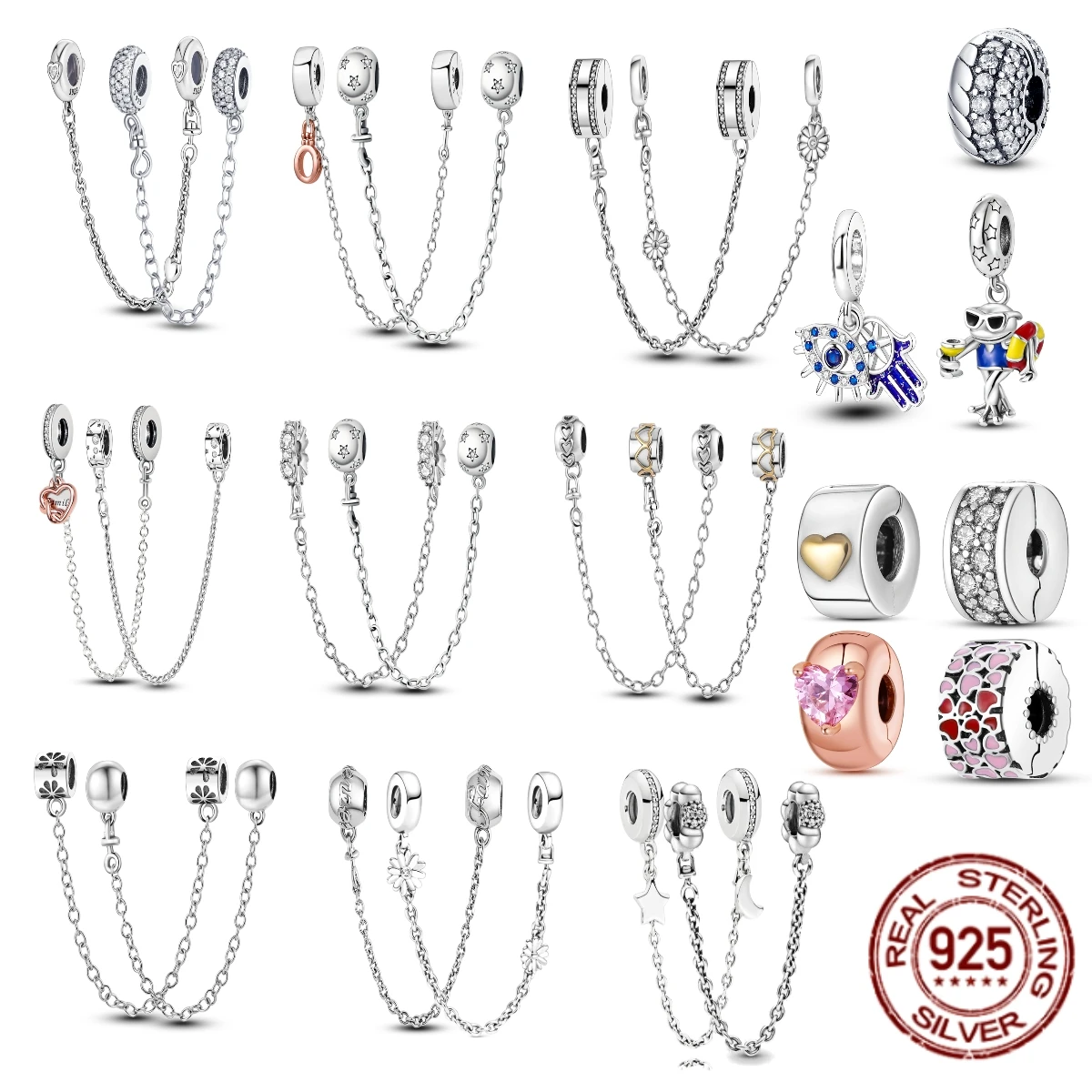 

The new 925 Sterling Silver Safety Chain Charm Positioning Clasp Fits The Original Bracelet Charm DIY Women's Jewelry