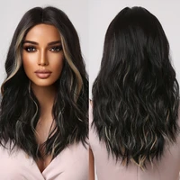 black with highlight synthetic wigs medium length wavy wigs for black women heat resistant fiber daily use middle part wigs
