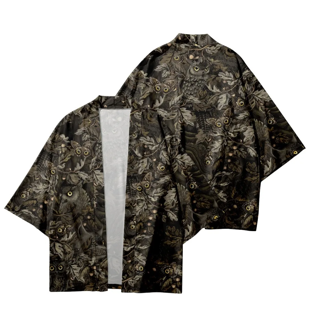 

New Kimono Fashion Animal Owl Print Shirts Japanese Streetwear Haori Traditional Cardigan Men Kimono Summer Beach Yukata Asian