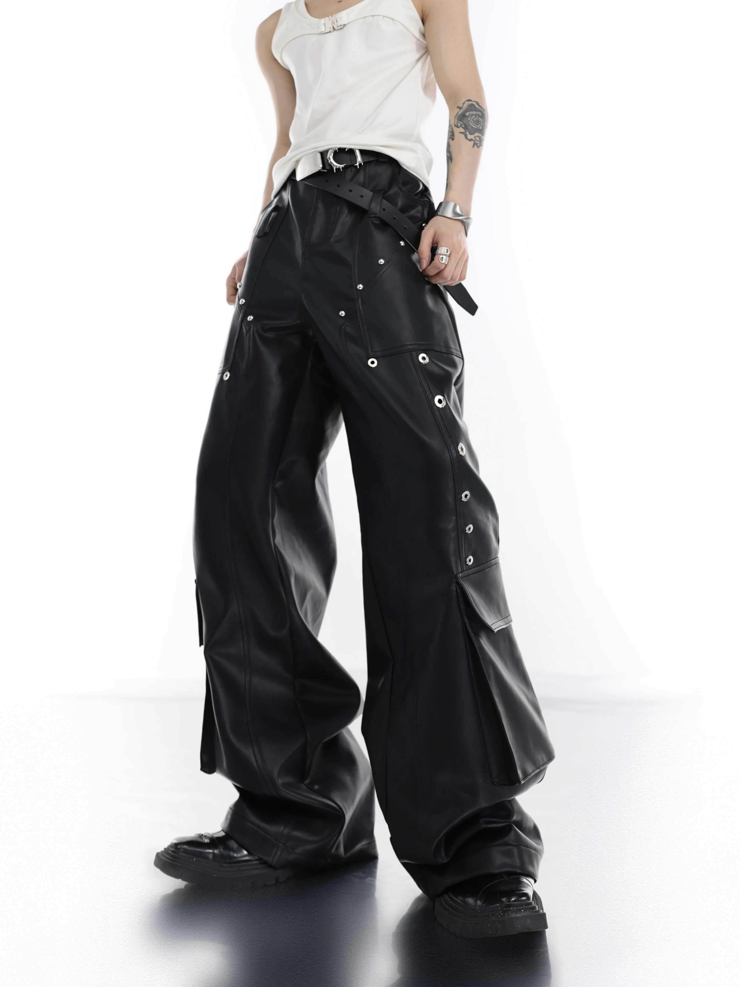 27-46 New 2023 Men Women Clothing Yamamoto Style Punk PU Metal Decorative Leather Pants Trousers Lovers Plus Size Stage Costumes