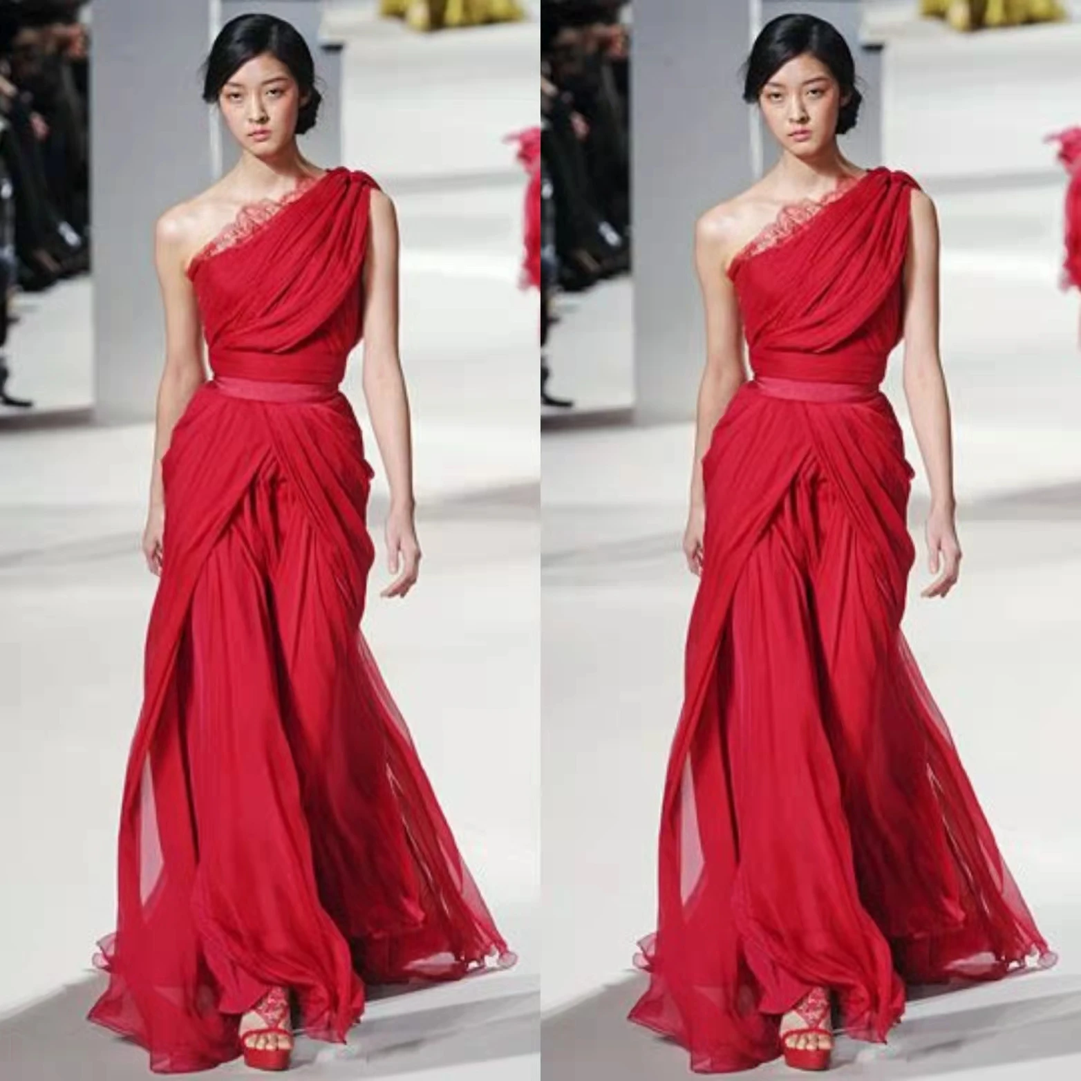 

Elegant Long Red Lace Celebrity Dresses فساتين السهرة One Shoulder Pleated Abendkleider Robes de Soirée for Women