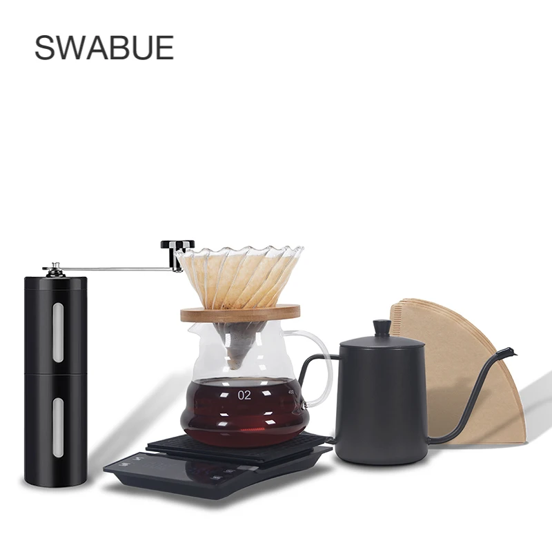 

Swabue Pour Over Cofffee Special V60 Maker Pot Kettle Dripper Filter Electronic Scale With Timers Mini Grinder 4/5pcs Sets