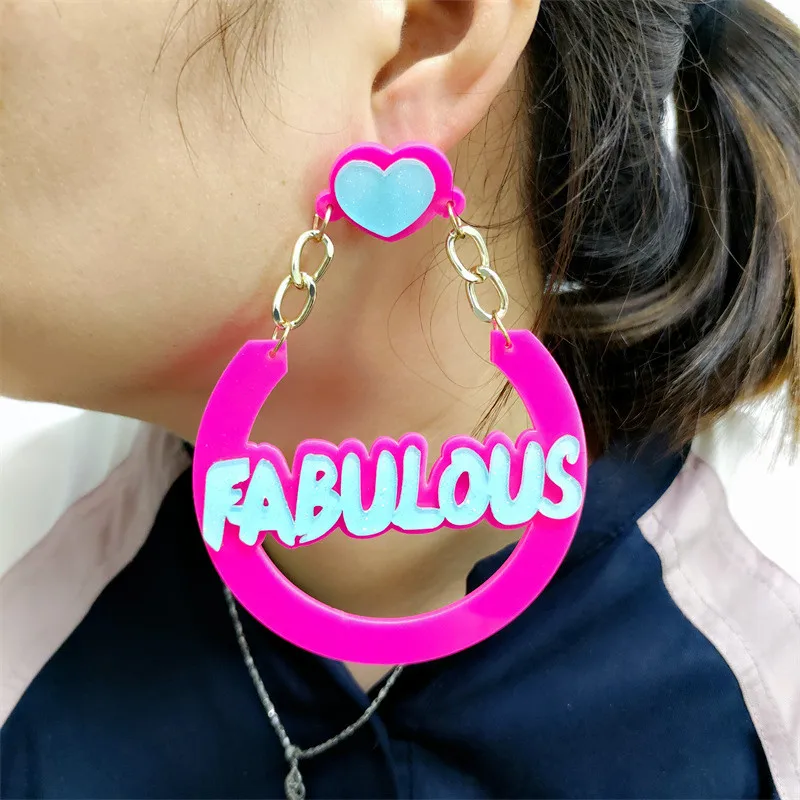 

KUGUYS Big Letters Drop Dangle Earrings for Women Large Hyperbole Acrylic Jewelry Hot Pink Girls Accessories