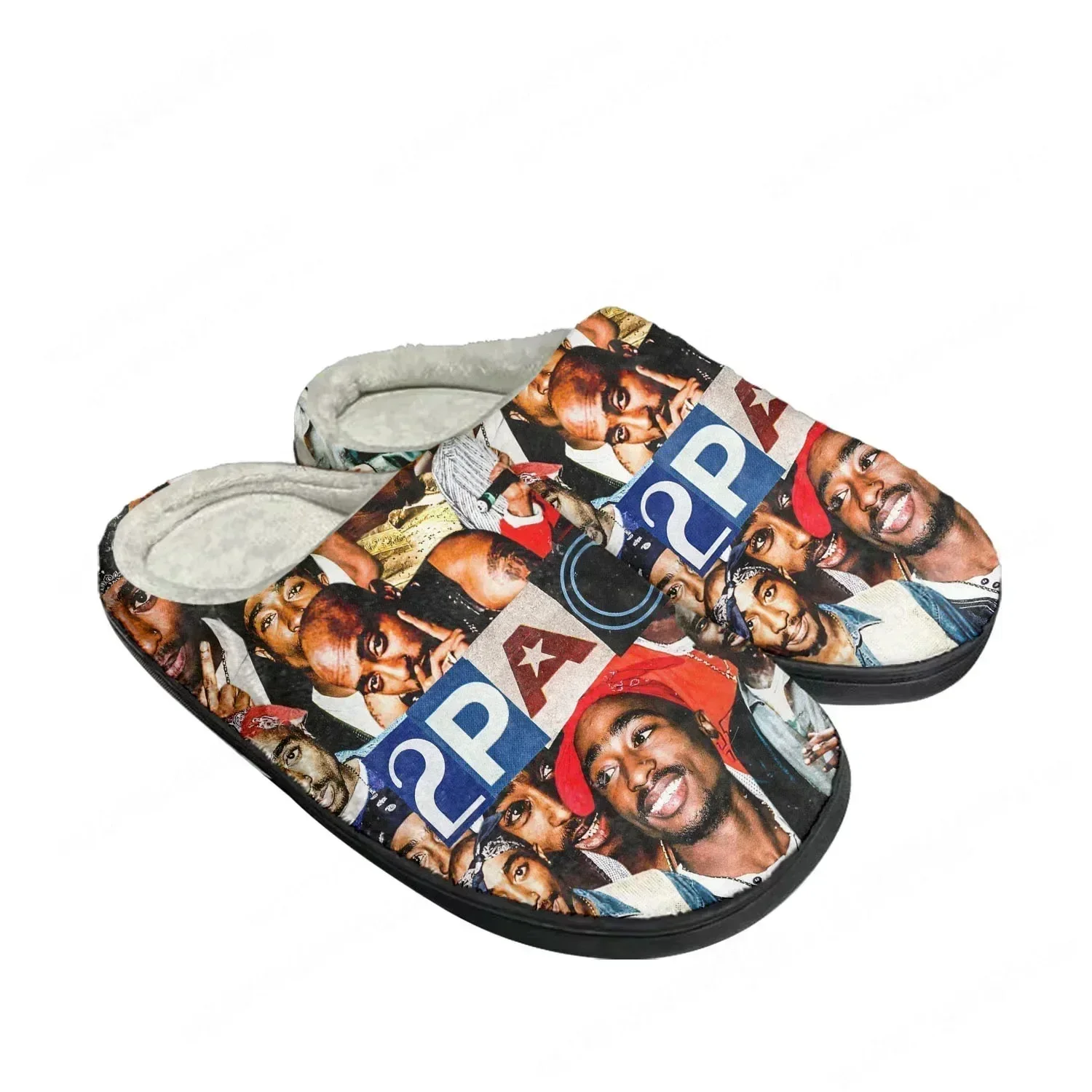 Фото Теплые домашние тапочки 2Pac Hip Hop Rapper Tupac Pop из хлопка, на заказ, для мужчин и женщин, плюшевые, для спальни, черные №3