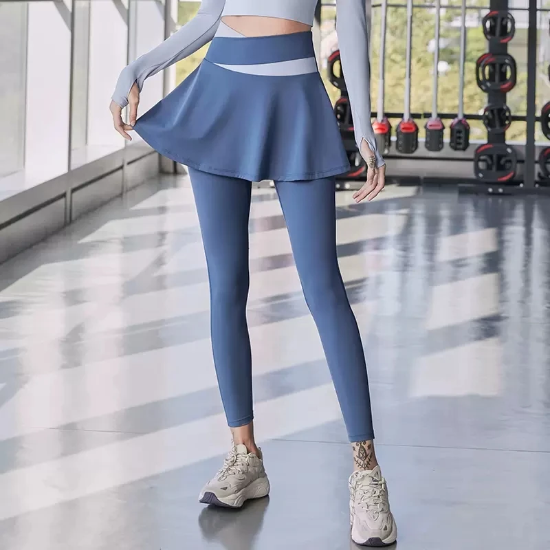 F.DYRAA Fitness Yoga Pants With Skirt Women Fake Two Pieces Sport Legging Gym Push Up Patchwork Crossover High Waist Tight Pants