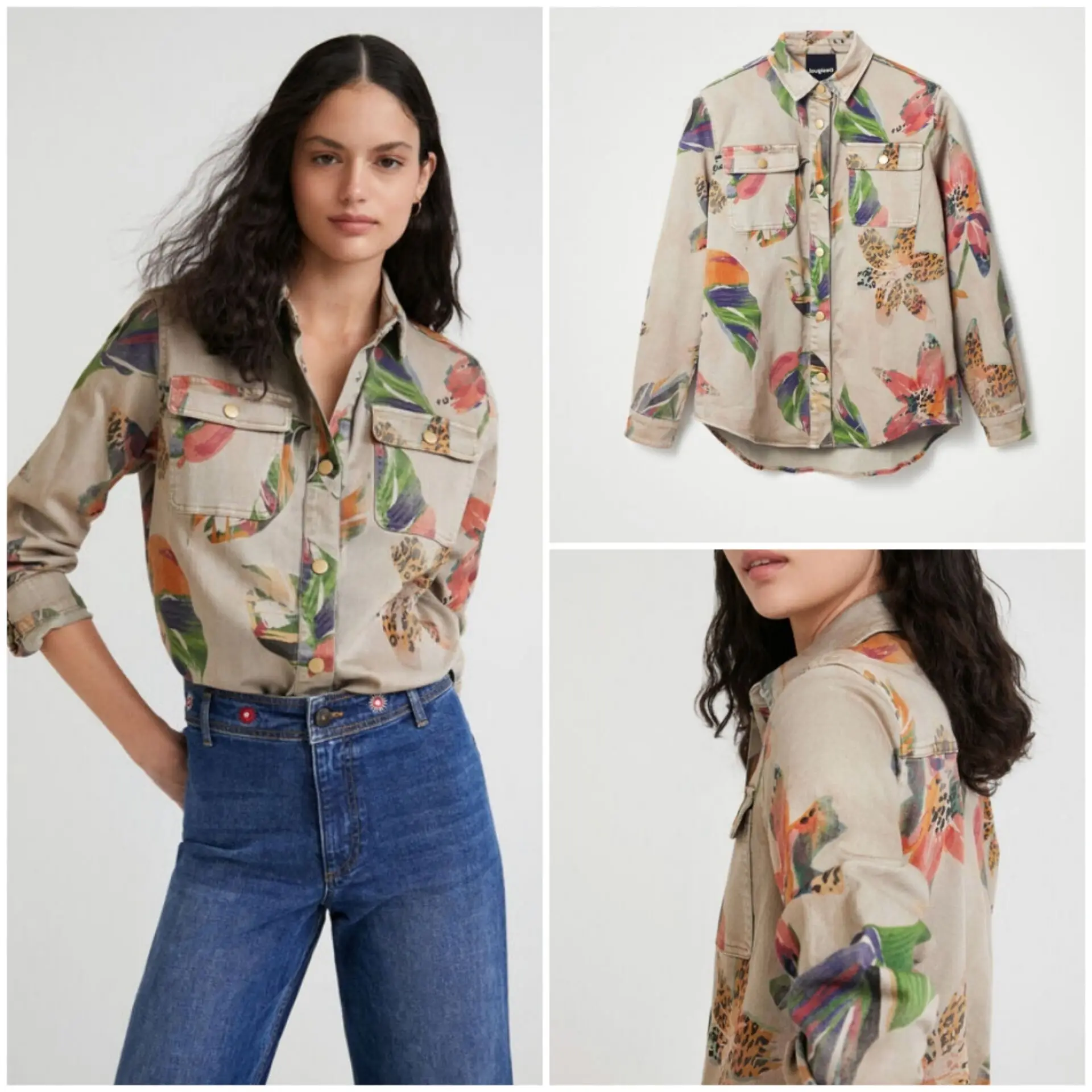 Foreign trade Spain desigual new printing sand-washed shirt ladies elastic shirt jacket lapel shows temperament