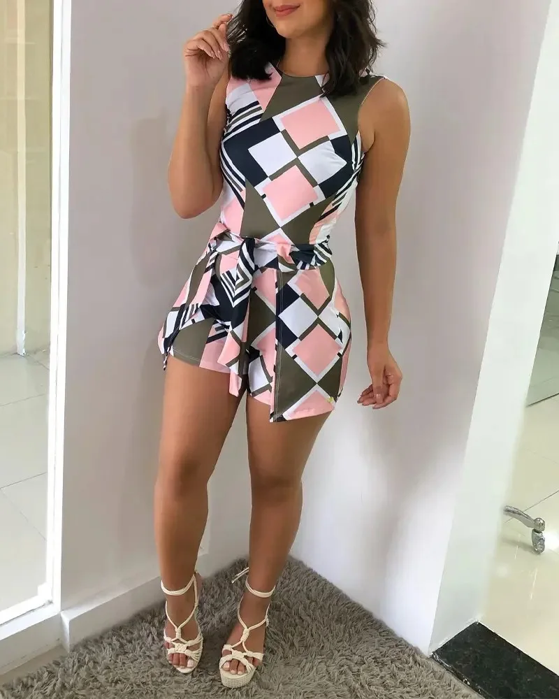 

Elegant Print Summer Playsuits Jumpsuit Women's Sexy Sleeveless Lace-up One-piece Shorts Rompers