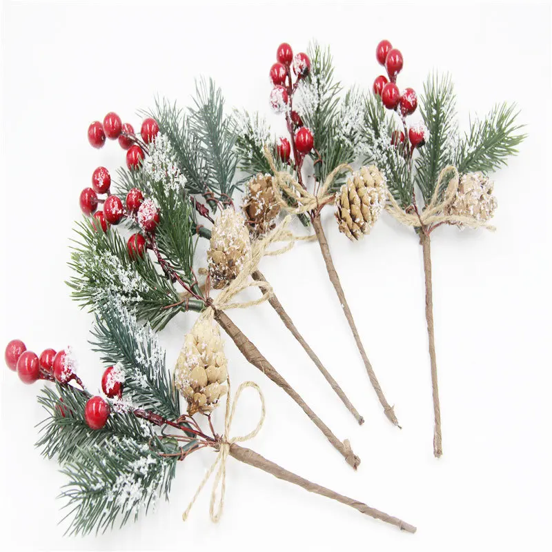 12Pcs Christmas Red Berry Articifial Flower Pine Cone Branch Christmas Tree Decorations Ornament Gift Packaging Home DIY Wreath