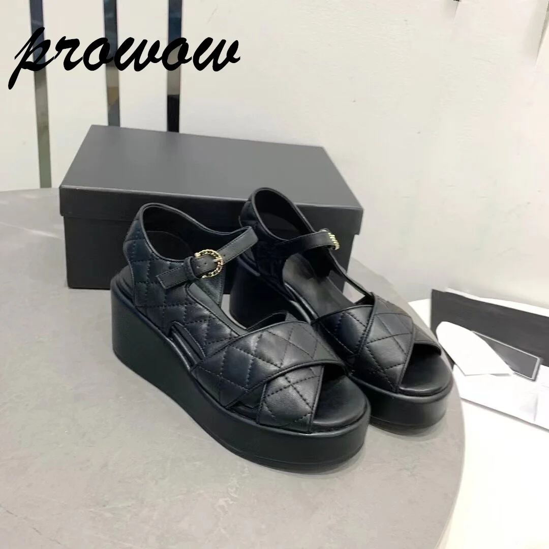 Prowow New Genuine Leather Open Toe Buckle Strap Wedges Sandals Black Beige Summer Sanals Heels Platform Shoes Women
