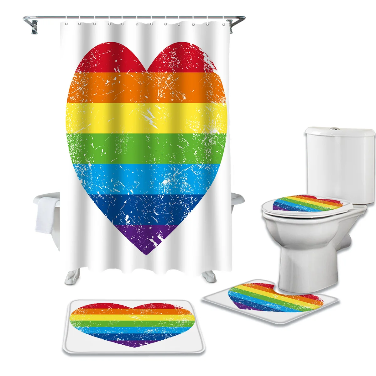 

Радужная полоса в форме сердца, Красочная любовь, занавеска для душа, набор ковриков для ванной, крышка для туалета, напольные коврики, аксес...