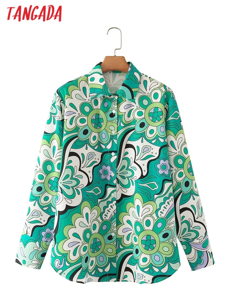 

Tangada 2022 Women Green Flowers Shirt Turn Down Collar Long Sleeve Chic Female Casual Tops Blusas 5X93