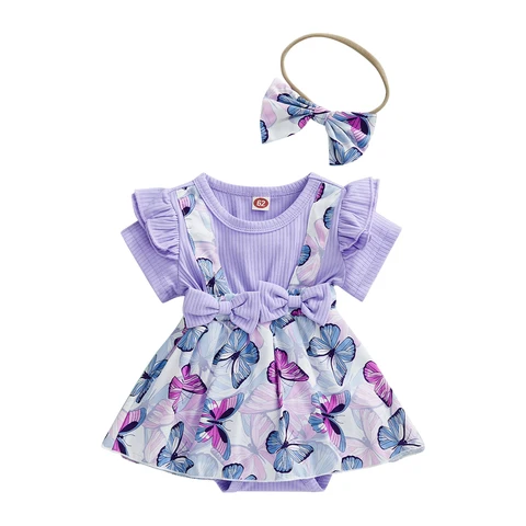 Комбинезон с коротким рукавом и бантом для маленьких девочек, летняя одежда принцессы с круглым вырезом и принтом бабочки