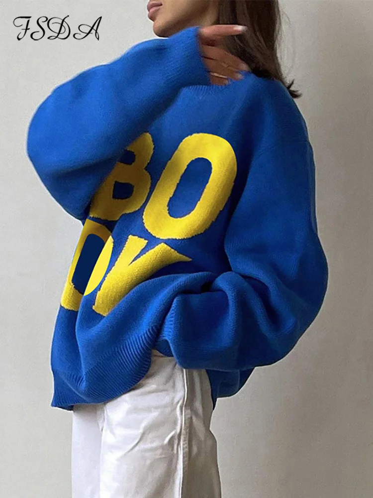 

Женский вязаный пуловер с длинным рукавом, синий Повседневный свободный базовый свитер большого размера с круглым вырезом и надписью, Осень-зима 2022