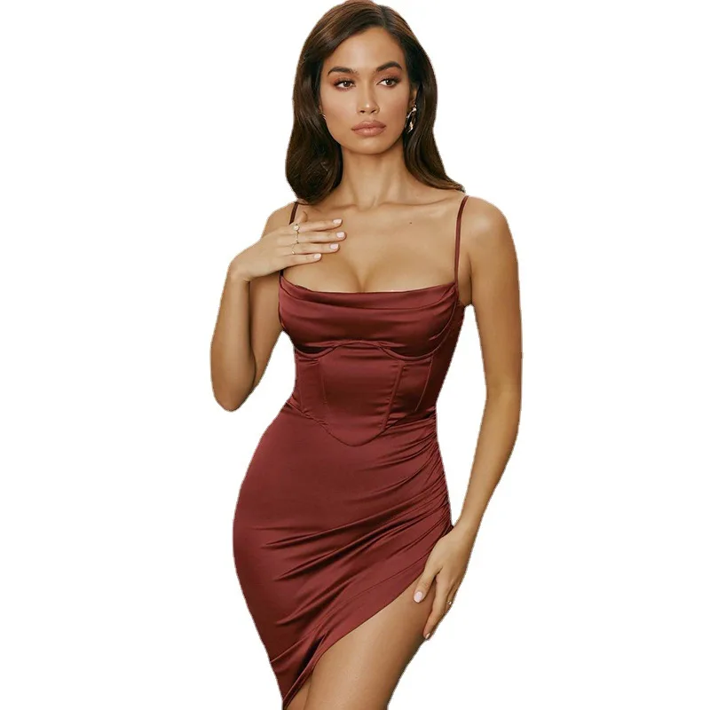 

Women 2022 spring and summer new sexy shrinking show thin high waist suspenders show chest solid color irregular dress skirt