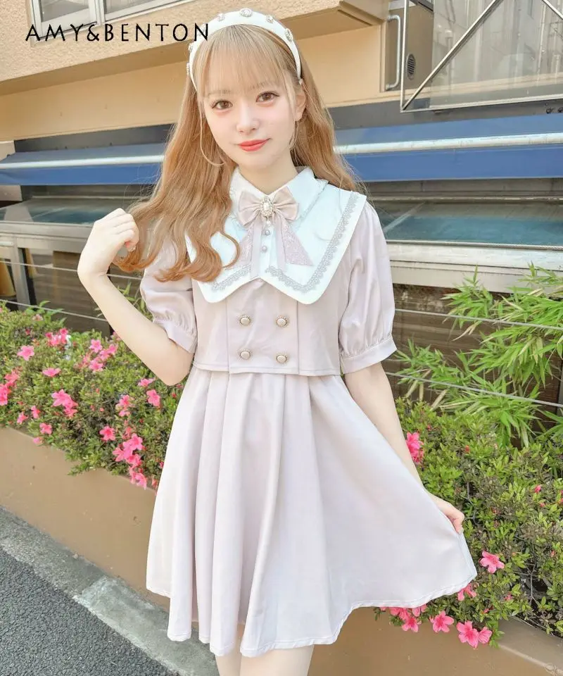 

Customized Rojita Sweet Girls Short Sleeve Dress Fake Two-Piece Double Collar Bow Brooch Lace Mine Mass-Produced Dress