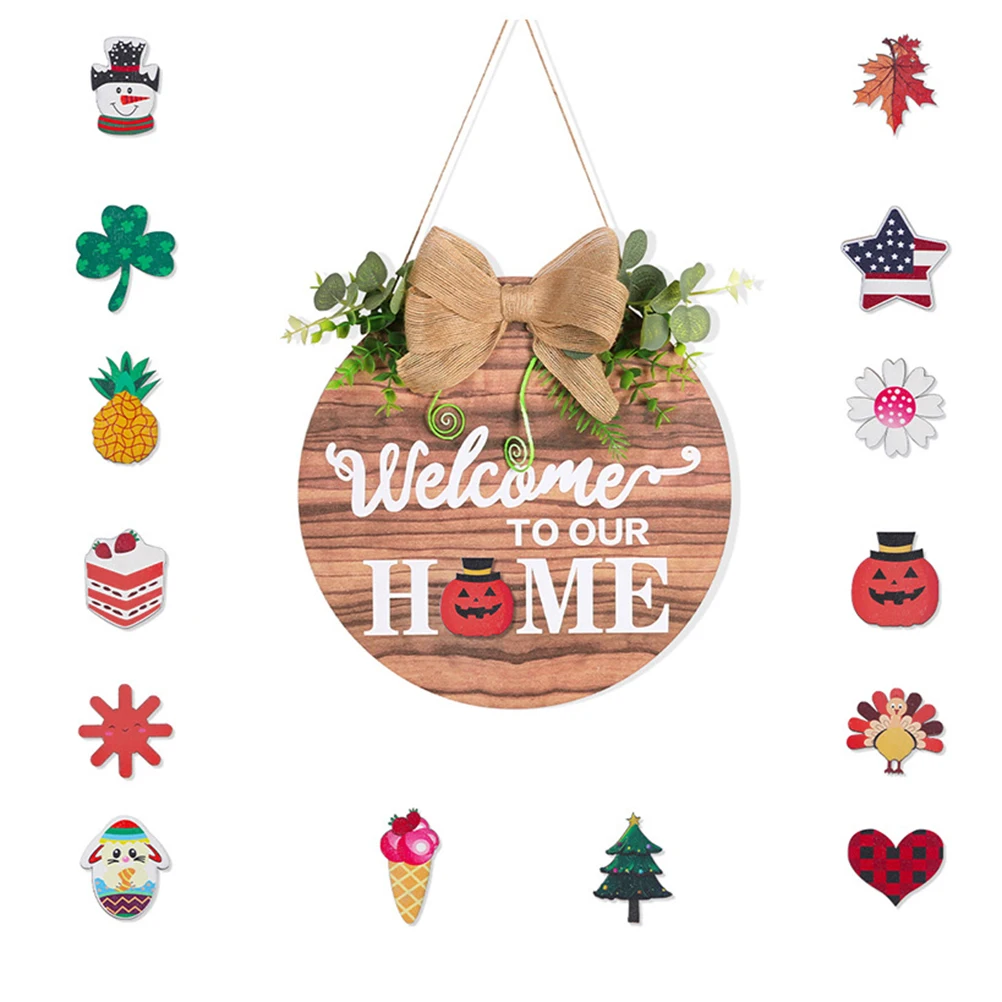 

Interchangeable Seasonal Welcome Sign Front Door Decoration Rustic Round Wood Wreaths Wall Hanging Outdoor Farmhouse Porch