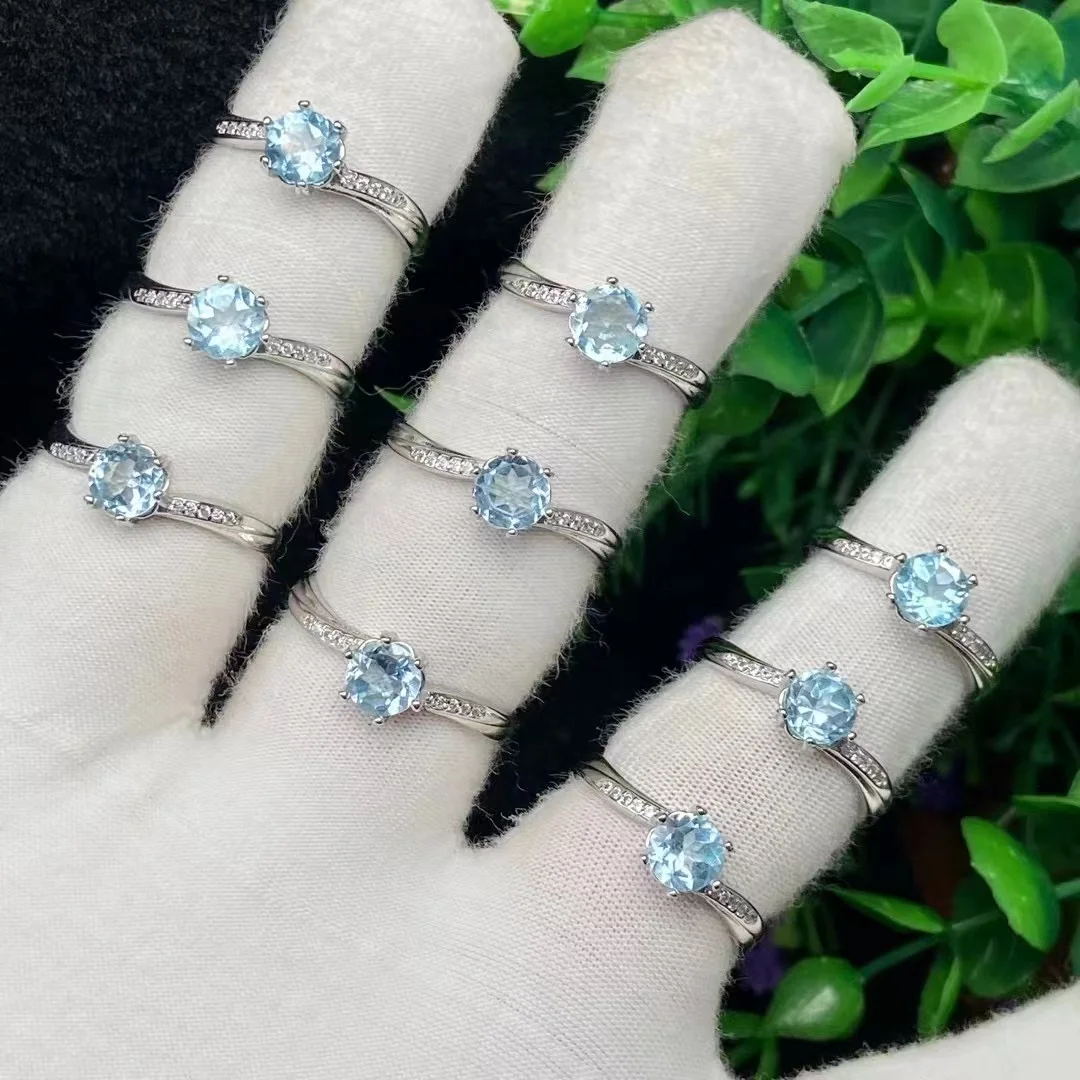 

10PCS Genuine Natural Blue Topaz Ring For Women Fashion Blue Stone Adjustable Ring Engagement Party Jewelry Gifts wholesale