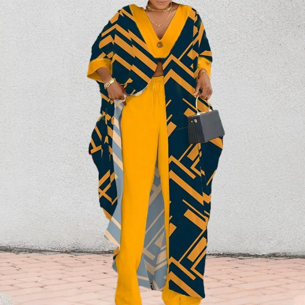 

Summer Outfit Button Decor Loose Outfit Elastic Waistband Full-length Top Pants Lady Geometric Printing Outfit Streetwear