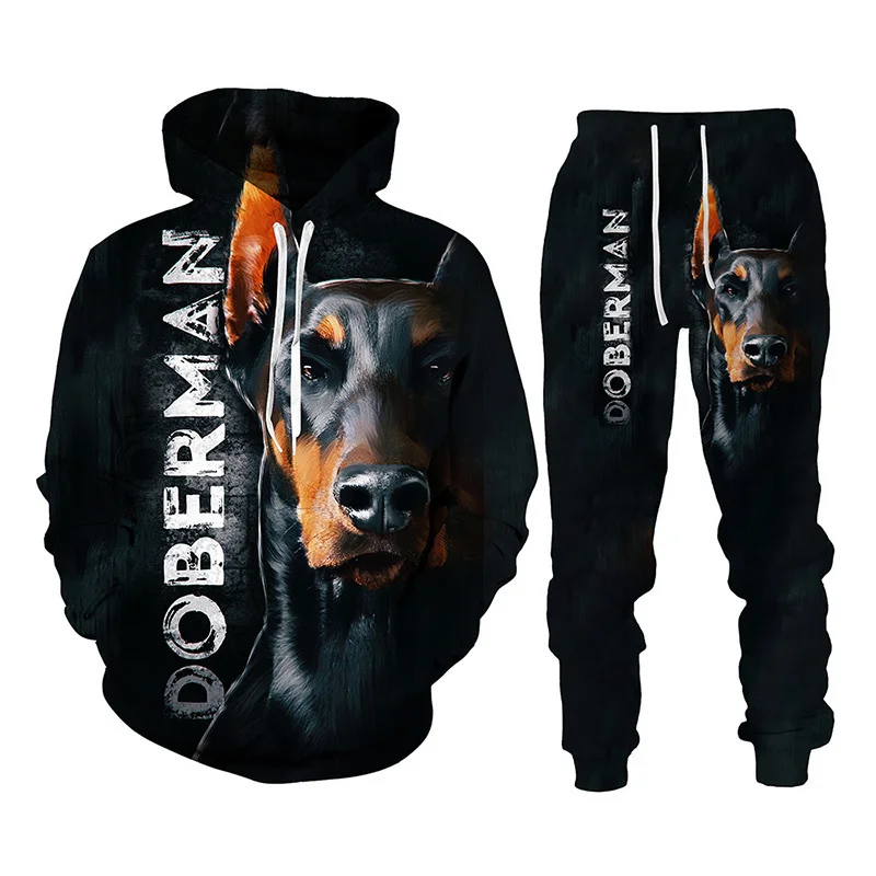 

Осенне-зимние толстовки с 3D-принтом Doberman, спортивные штаны, Мужской свитшот с капюшоном, комплекты мужской спортивной одежды, спортивный ко...