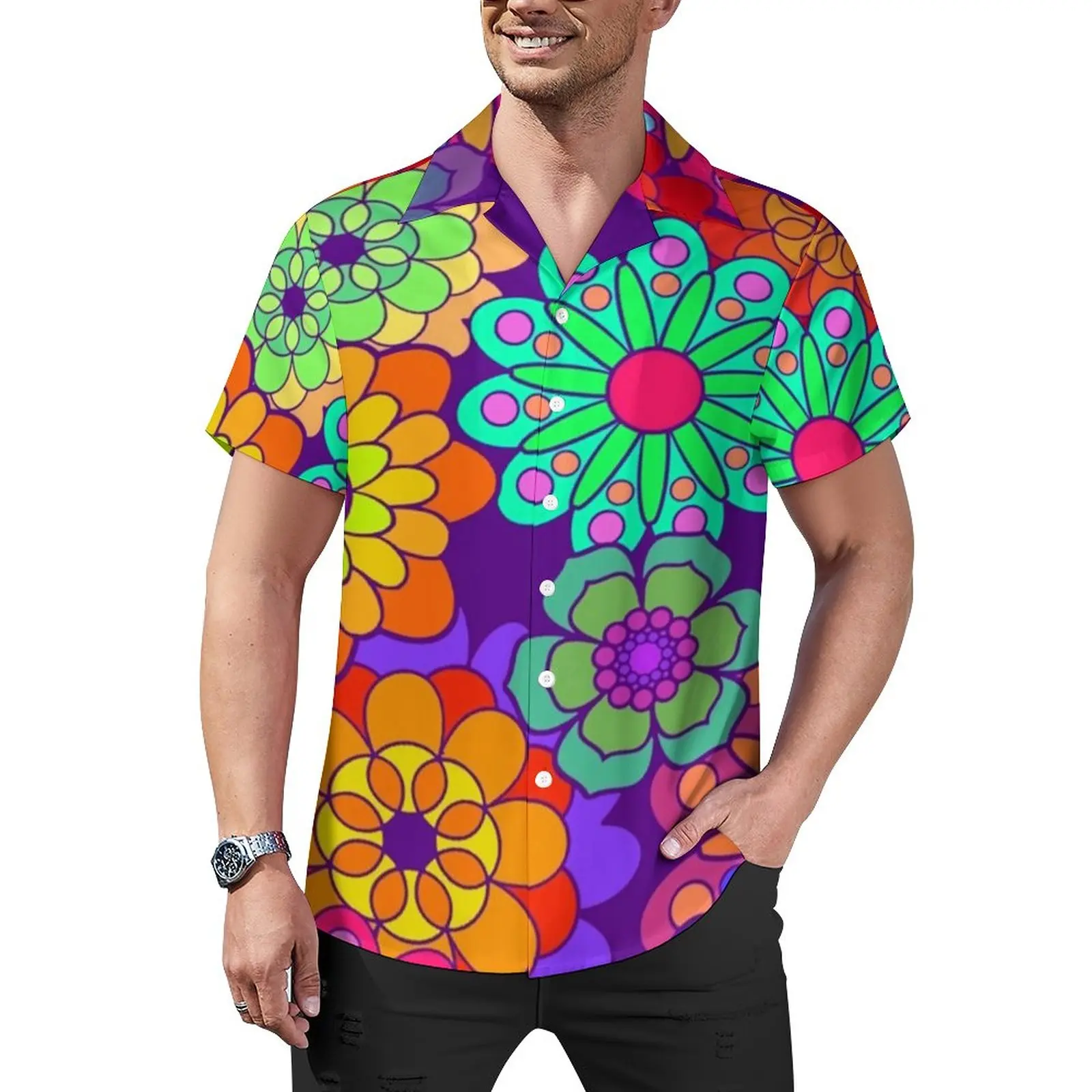 

Ретро психоделические блузки, мужские повседневные рубашки с цветочным принтом в стиле хиппи, гавайская дизайнерская винтажная рубашка большого размера с коротким рукавом для отпуска, подарок