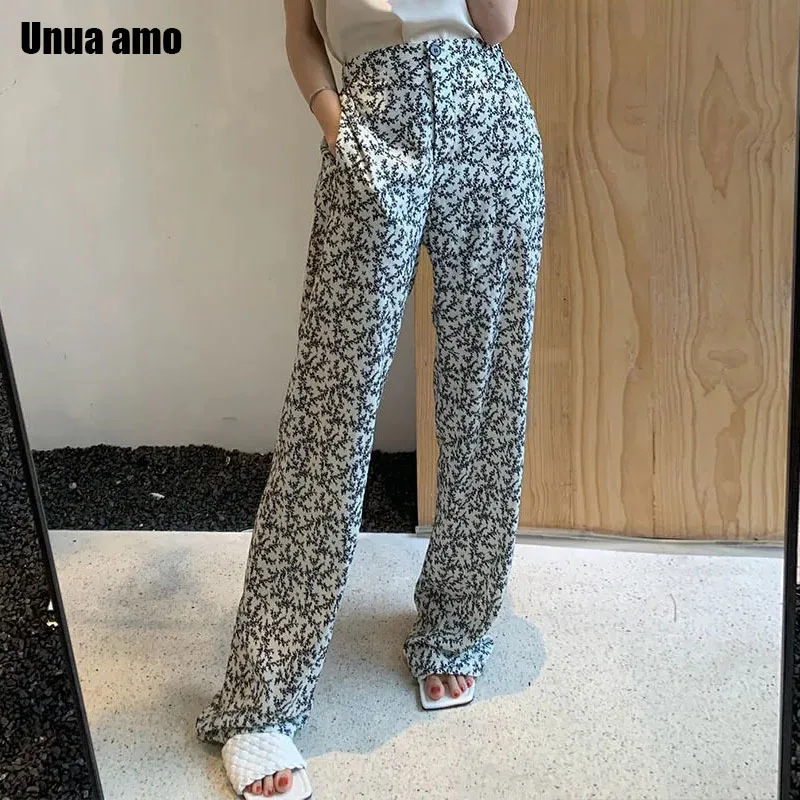 

Unua amo Spring Summer Wide Leg Floral Printed Pants Women High Waist Straight Trousers Baggy Casual Mopping Pant Streetwear