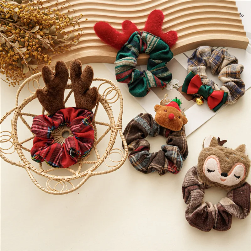 

Новые рождественские резинки для волос для девочек, милые тканевые резинки в клетку с мультяшным рисунком, аксессуары для волос