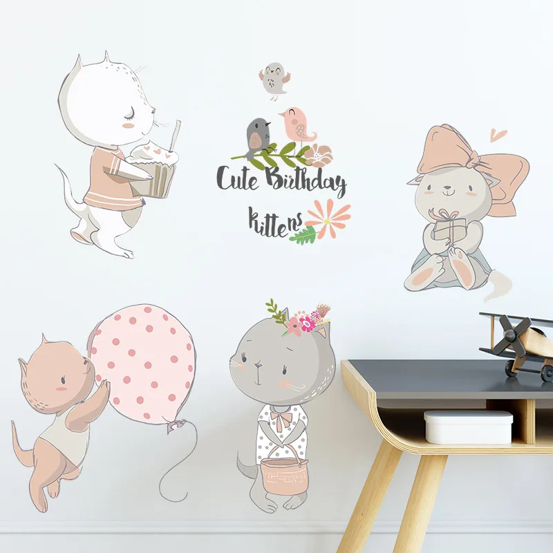 Cartoon Cute Kittens Cats Play Games Wall Stickers Baby Nursery Wall Decals Home Decoration Decorative Stickers Murals Wallpaper