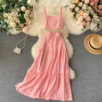 summer embroidered cotton lace spaghetti strap crop top a line swing boho long skirts two piece skirt clothing set pink mint