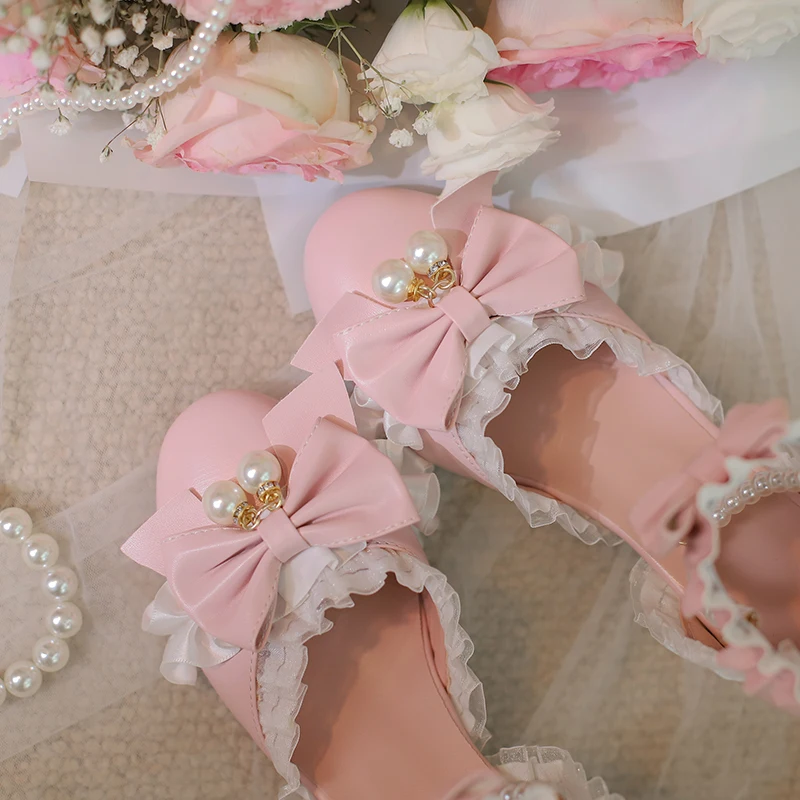 Romantic Lolita Mary Jane Sandals with Side Open Heel Cover Delicate Beadwork Feminine Bow Lace Edge Back Zipper Princess Style