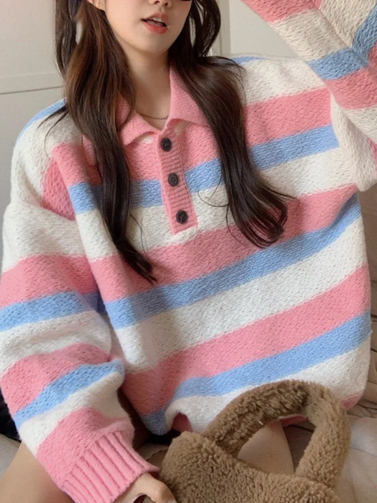 

Autumn Y2k Harajuku Loose Sweater Women Knitted Striped Pullovers Long Sleeve Grunge Crop Tops Turn Down Collar Sweaters Female
