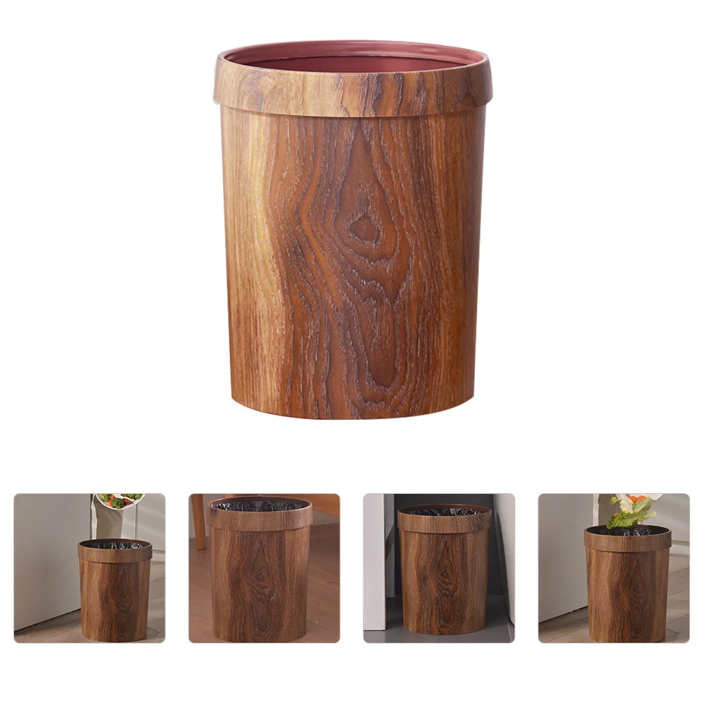 

Wood Grain Trash Can Rubbish Holder Home Waste Plastic Garbage Uncovered Bin Durable Container