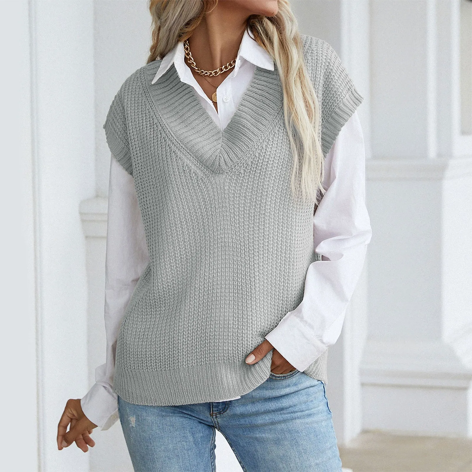 Жилет с V-образным вырезом Женский однотонный вязаный свитер без рукавов