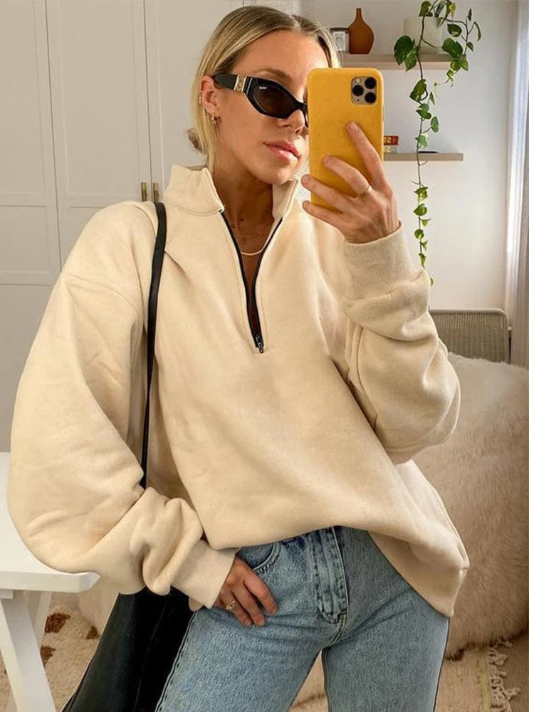

Women Top Solid Sweatshirt Loose Long Sleeve Tshirt Stand Collar Zipper Solid Fashion Streetwear Autumn Oversize Sweatshirts